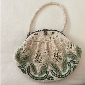 Elegant Beaded Cream and Green Handbag